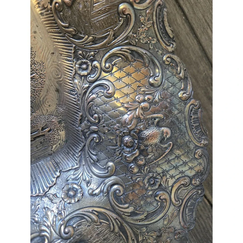 Antique Silver on Copper Dutch Revival Repousse People Tavern Courtyard Bowl